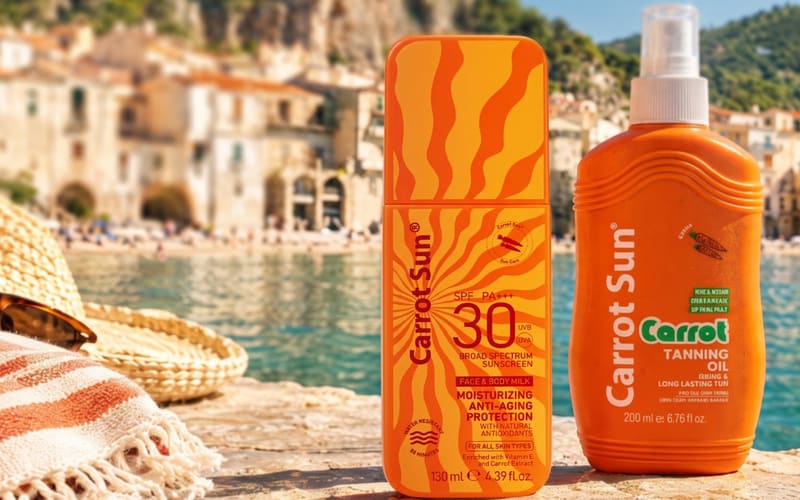 Carrot Sun SPF 30 sunscreen and carrot tanning oil on a sunlit rock in front of a Mediterranean coastal village